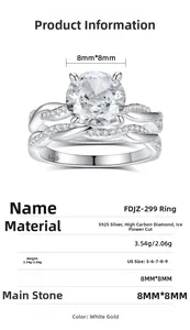 Detail view of S925 silver ring with 8mm ice-cut carbon diamond and sizing chart