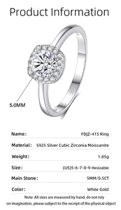 Detailed spec sheet of S925 sterling silver ring with 0.5ct moissanite in 4-prong setting