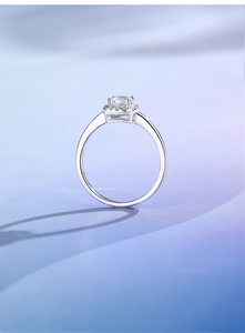 Detail of S925 silver halo ring featuring a round moissanite and micro-pave setting