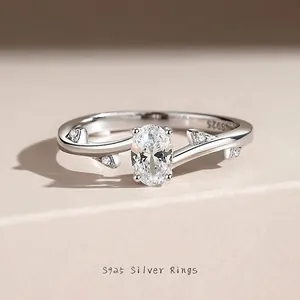 S925 Sterling Silver Oval Cubic Zirconia Ring For Women Leaf Branch Design White Gold Plated Engagement Wedding Band Jewelry
