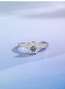 Macro shot of S925 sterling silver ring showing halo diamond setting and S925 stamp detail