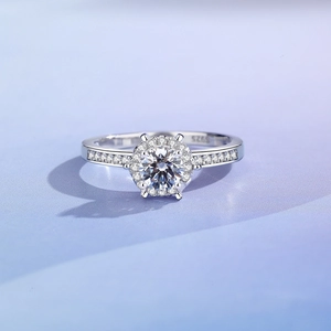Classic S925 silver six-prong crown ring with halo moissanite and pave diamond accents