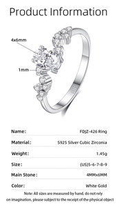 Close-up of S925 silver ring with 4x6mm oval zircon stone and detailed size chart