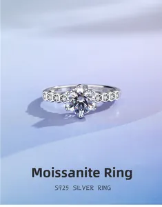 Close-up of S925 silver moissanite ring with six-prong setting and honeycomb band detail