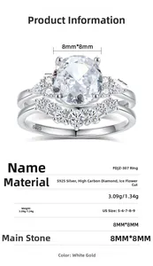 Macro shot of S925 sterling silver bridal ring set with 8mm high carbon diamond