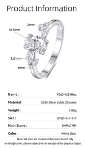 Dettaglio dell'anello in argento S925 con zircone ovale 5x7mm e specifiche delle taglie
