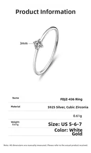 Detailed spec sheet showing 1mm S925 silver ring with 3mm cubic zirconia gemstone