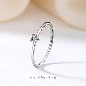 925 Sterling Silver Thin Ring For Women Minimalist Heart Clear Zirconia Inlaid Pinky Ring High Quality Fashion Jewelry