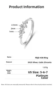 Detailliertes Größen- und Materialdiagramm für Ring aus S925 Silber mit Zirkonia
