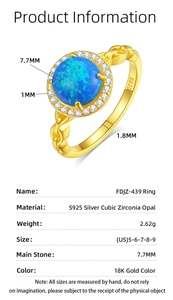 Detailed specs of S925 silver ring with 7.7mm blue opal and 18K gold finish