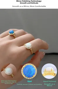 Detail of blue and white opal rings featuring halo diamonds and chain-link silver bands