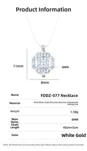 Macro detail of S925 silver necklace with 8mm rose-cut zirconia and transparent line