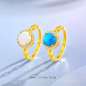 925 Sterling Silver Opal Ring For Women Gold Plated Round Iridescent Blue White Opal Zirconia Halo Chain Band Ring Jewelry