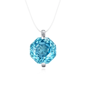 Detail view of octagon cut light blue aquamarine pendant on a transparent fishline