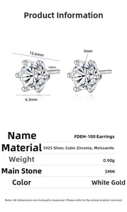 Spécifications de taille pour boucles d'oreilles en argent et moissanite de 5mm à griffes