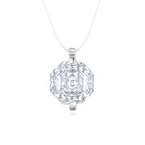 Macro detail of octagonal rose cut aquamarine pendant on a clear fishing line chain