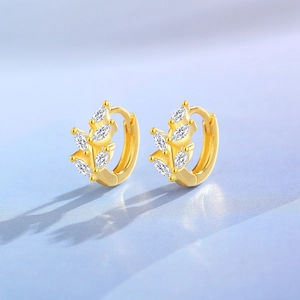 Élégantes boucles d'oreilles feuilles en argent S925 doré avec zircons marquises brillants