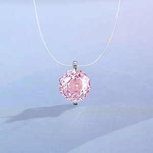 Pink octagonal rose cut crystal pendant necklace with invisible transparent chain