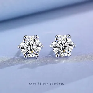 Boucles d'Oreilles Clous en Argent Sterling 925 Couronne à Six Griffes Moissanite Zirconia pour Femmes Hommes Hip Hop Bijoux