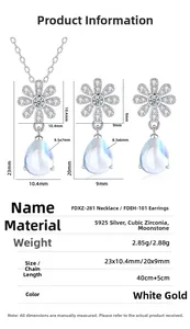 Detailed size chart for S925 silver daisy necklace and teardrop moonstone earrings set