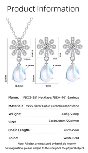Detailed size chart for S925 silver daisy necklace and teardrop moonstone earrings