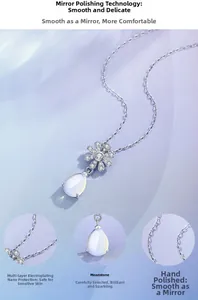 Detail view of daisy pendant with teardrop moonstone and polished silver chain