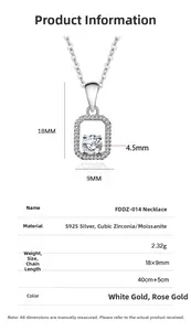 Detail view of S925 sterling silver square pendant with Moissanite stone and dimensions