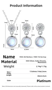 Detailed S925 silver necklace and earrings set dimensions with moonstone and cubic zirconia