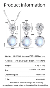 Detailed measurement chart of S925 sterling silver moonstone necklace and earrings set