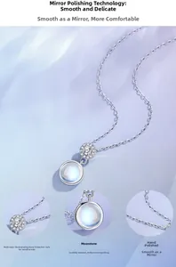 Macro detail of round moonstone pendant with sparkling pavé accents on silver chain