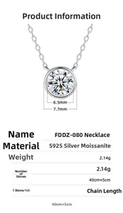 Detailed technical specifications for 1ct Moissanite S925 silver necklace with measurements