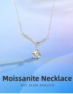 Detailed close-up of a V-shaped S925 sterling silver moissanite necklace pendant