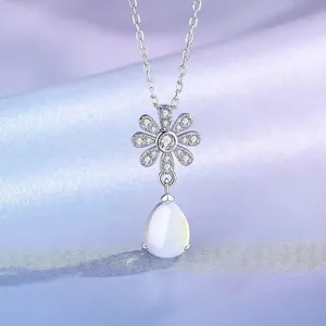 S925 Sterling Silver Daisy Moonstone Pendant Necklace Earrings Set For Women Elegant Water Drop Rhinestone Jewelry Set
