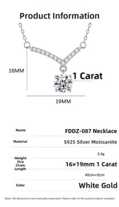Technical specs of the V-shaped moissanite necklace with dimensions and S925 silver details