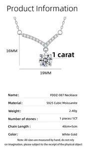 Detailed size chart and specifications for 1CT V-shaped moissanite S925 silver necklace