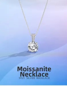 Detail of a 2-carat moissanite pendant with four-prong setting on a S925 silver necklace