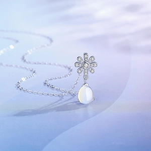 Daisy S925 silver necklace with micro-pave moonstone water drop pendant for women