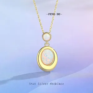 Collier avec Pendentif Double Opale Ovale en Argent Sterling 925 pour Femme Plaqué Or Bijoux Minimalistes Élégants Cadeau
