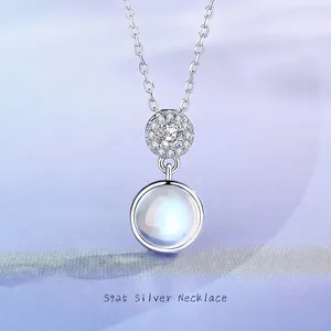 S925 Sterling Silver Moonstone Pendant Necklace Earrings Set For Women Round Iridescent Stone Rhinestone Jewelry Set