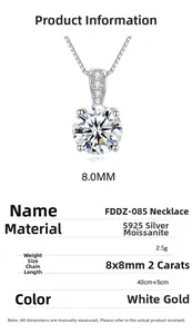 Detail of S925 silver necklace with a 2ct moissanite pendant in four-prong setting