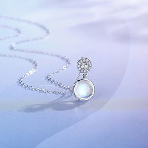 Elegant S925 sterling silver necklace with double ring moonstone and crystal pendant
