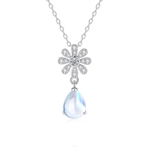 S925 sterling silver daisy necklace with pear-shaped moonstone and sparkling crystals