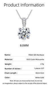 Detail view of 2ct Moissanite pendant with 8mm diameter specifications on S925 silver chain