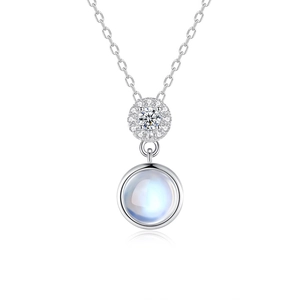 S925 sterling silver moonstone necklace with double circle pendant and sparkling diamonds