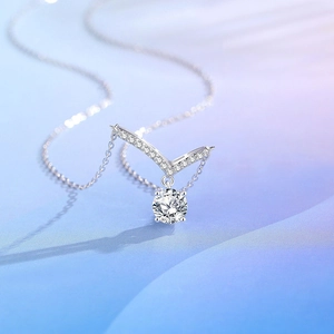 925 Sterling Silver V-shaped Moissanite necklace with shimmering dancing round gemstone