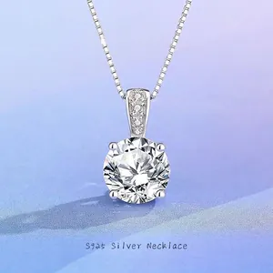 S925 Sterling Silver Moissanite Necklace Round Brilliant Cut 2ct Solitaire Four Prong Setting Box Chain Fine Jewelry For Women