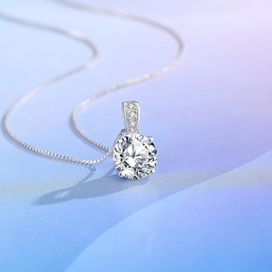 Sparkling S925 sterling silver necklace with a 2-carat solitaire round cut diamond pendant