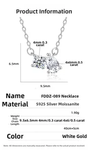 Macro detail of S925 silver necklace with teardrop and round moissanite stone specifications