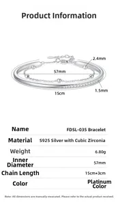 Detailed view of S925 sterling silver double-layered bracelet with cubic zirconia dimensions