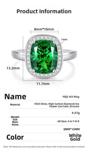 Detailed size chart showing 8x10mm radiant cut blue sapphire on S925 silver ring
